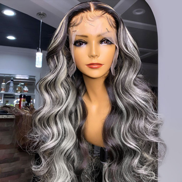 Body Wave Highlight Wigs Black Human Hair Wigs With Grey Highlights