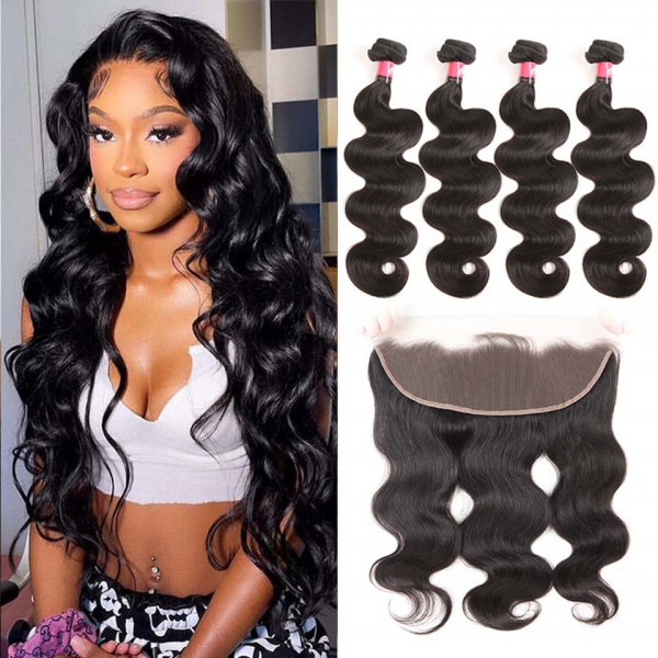 100% Human Hair Weaves 4 Bundles Brazilian Body Wave And 13x4 Lace Frontals Closures
