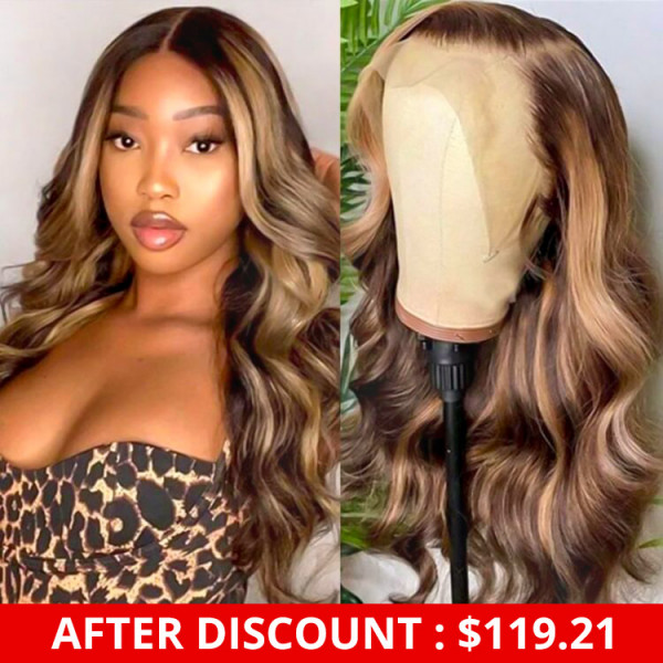 Body Wave Highlight Wigs Brown Lace Part Wig With Blonde Highlights