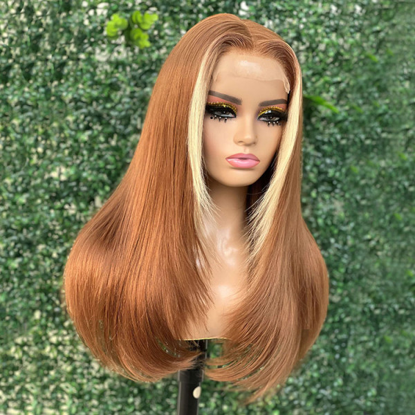 Brown Straight Hair Wig With Skunk Stripe Layered Lace Wig With Blonde Streak