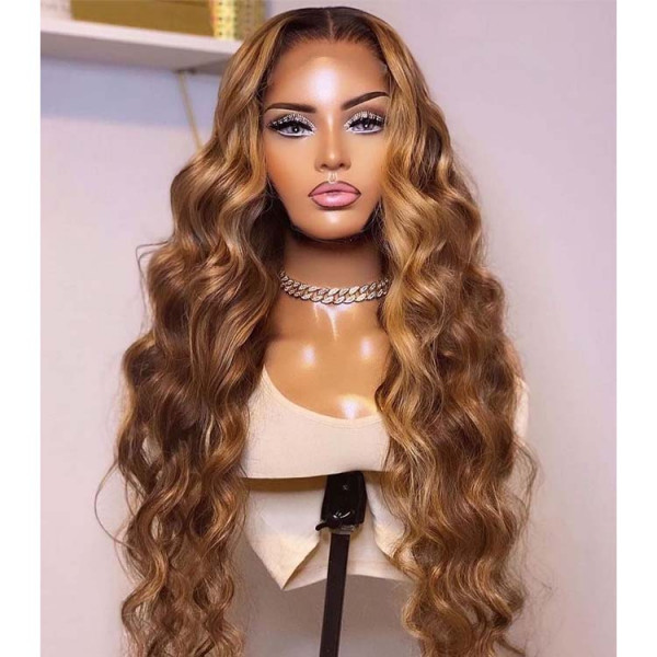 Body Wave Highlight Wigs 150% Density Brown Lace Part Wig With Blonde Highlights