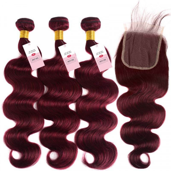 99J Body Wave 3 Bundles And 4*4 Lace Closure Burgundy Hair Weaves With Closures