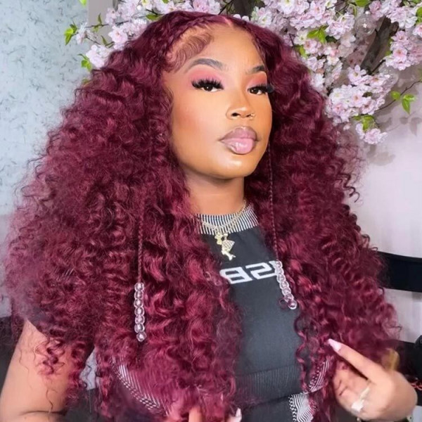 99J Burgundy Deep Wave Lace Front Wigs Customized Pre Colored Deep Weave Hair