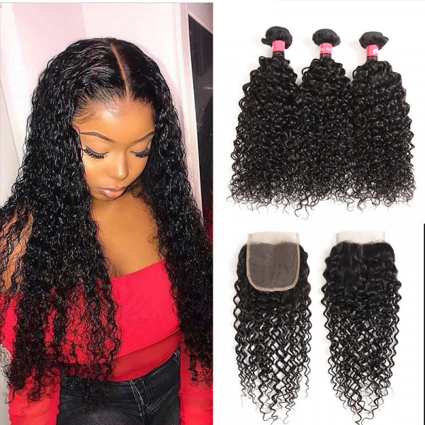 Curly Hair Weave Peruvian Jerry Curly Human Hair 3 Bundles With a 4x4 Swiss HD Lace Closure
