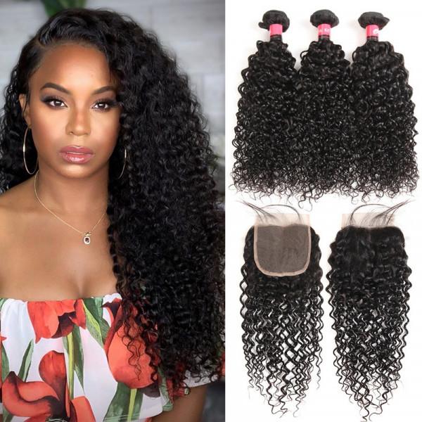 Curly Hair Products 3PC Curly Weaves With Closures 4x4 Lace Closures
