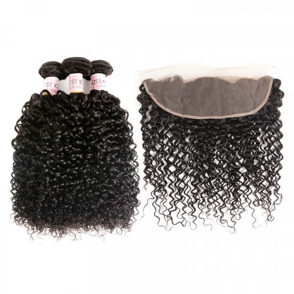 Virgin Curly Hair 3 Bundles with 13x4 Lace Frontal Curly Afro Human Hair Weave 