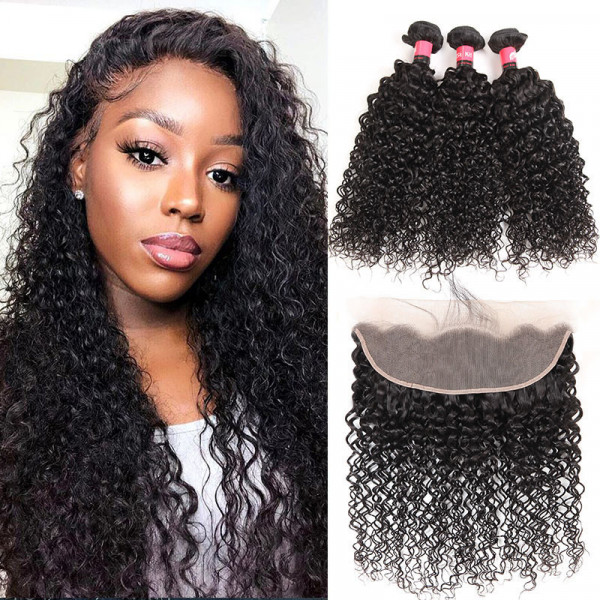 Virgin Curly Hair 3 Bundles with 13x4 Lace Frontal Curly Afro Human Hair Weave 