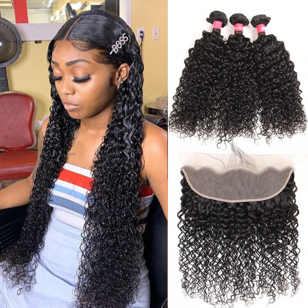 Peruvian Jerry Curly Weave With 13x4 Lace Frontal Closures 3 Bundles 