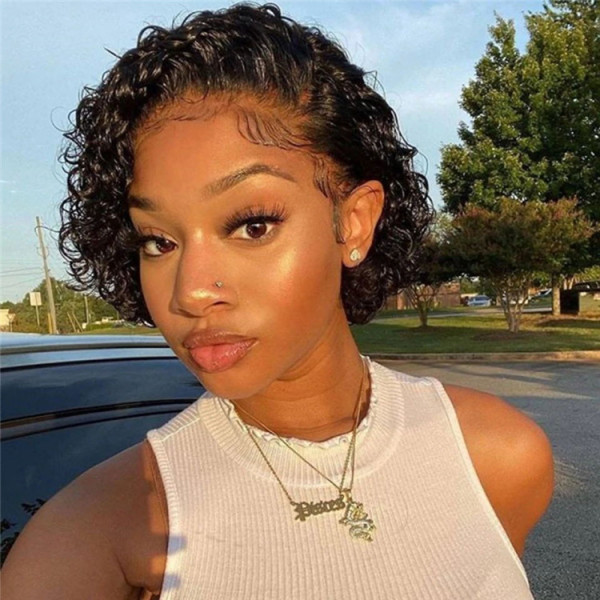Short Curly Pixie Cut Wig Human Hair Lace Front Wigs 6Inch