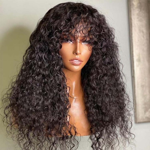 Curly Wig With Bangs Human Hair Curly Fringe Wig 180% Density