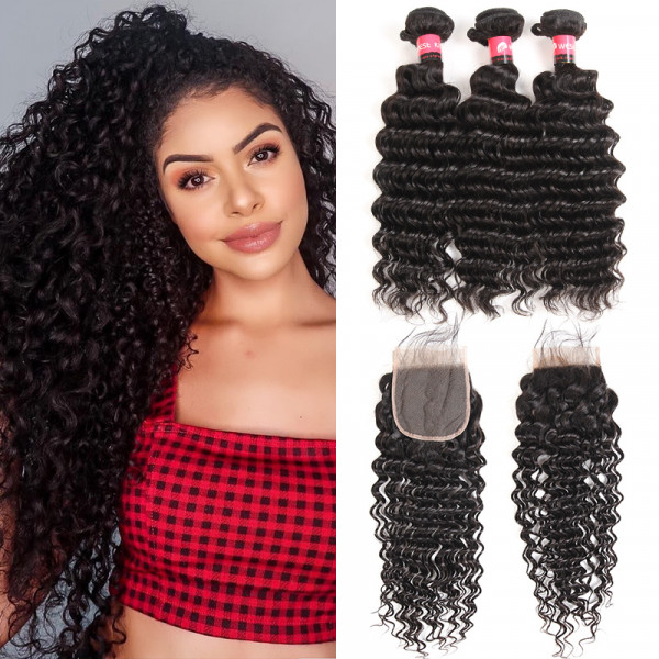 Peruvian Hair Deep Wave Hair Bundles And 4*4 Lace Closure Deep Wave Weave 3 Bundles Deals