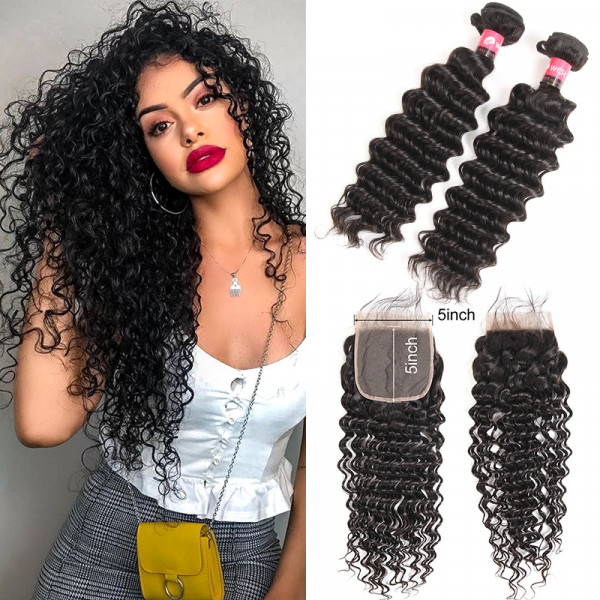 5*5 Lace Closure And Deep Wave 2 Bundles Hair