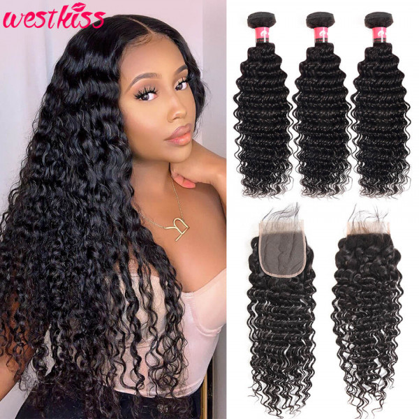 Deep Wave 4x4 Lace Closure With 3 Bundles Human Hair Weaves And Closure