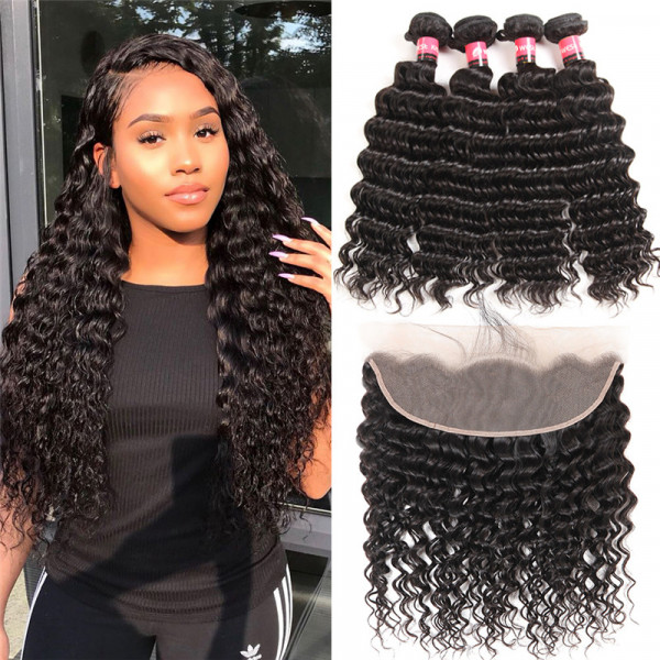 13*4 Lace Frontal Closure And Brazilian Deep Wave Weaves 4 Bundles