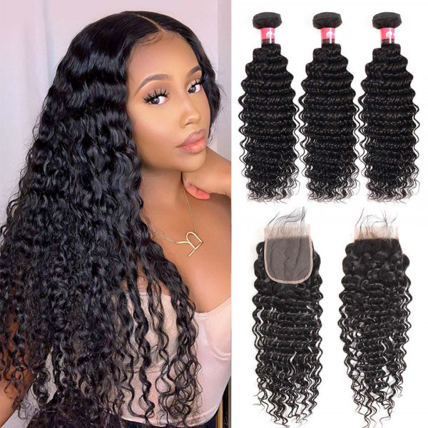 Deep Wave 4x4 Lace Closure With 3 Bundles Human Hair Weaves And Closure