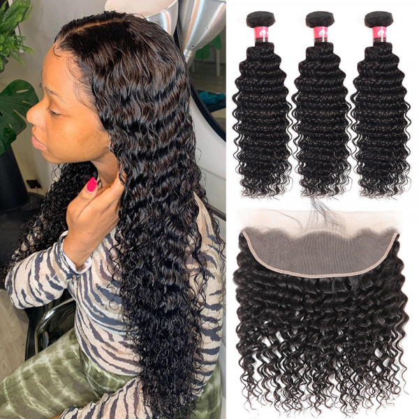 13x4 Lace Frontal Closures And Deep Wave Brazilian Hair Bundles 3 PCS