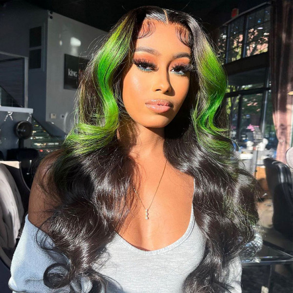 Highlight Wigs Body Wave Green Ombre Human Hair Wigs With Highlights