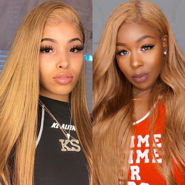 Honey Blonde Lace Front Wigs #27 Straight Human Hair Wigs 180% Density Wigs For Black Women
