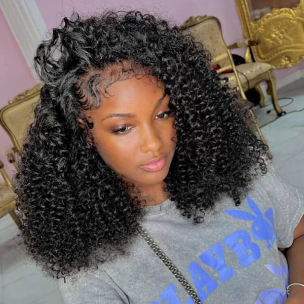 Kinky Curly 250% Density 14 Inch Wig Black Short Lace Wigs