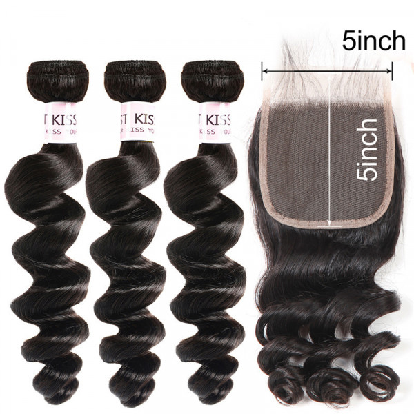 Loose Wave 5×5 Swiss Transparent Lace Closure And Brazilian Hair Weave Loose Weave 3 Bundles
