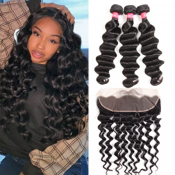 Peruvian Pre Plucked Lace Frontal And 3 Bundles Loose Deep Wave 100% Human Hair Bundles
