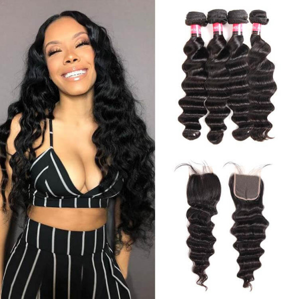 Brazilian Loose Deep Wave 4 Bundles With 4*4  Lace Closure Human Virgin Hair 