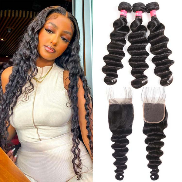 Loose Deep 3pc Weaves With Closures 4*4 Lace Closures Human Hair Extensions