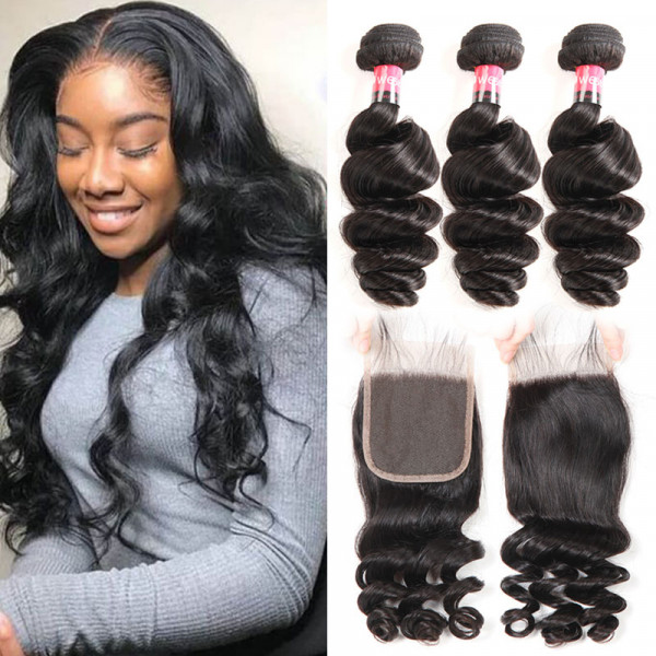 Loose Wave Peruvian Hair Weave 3 Bundles With a 4*4 Lace Closure Free Part