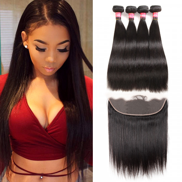 Malaysian Hair Weave 4 Bundles With 13*4 Human Hair Lace Frontal Virgin Straight Hair Weave