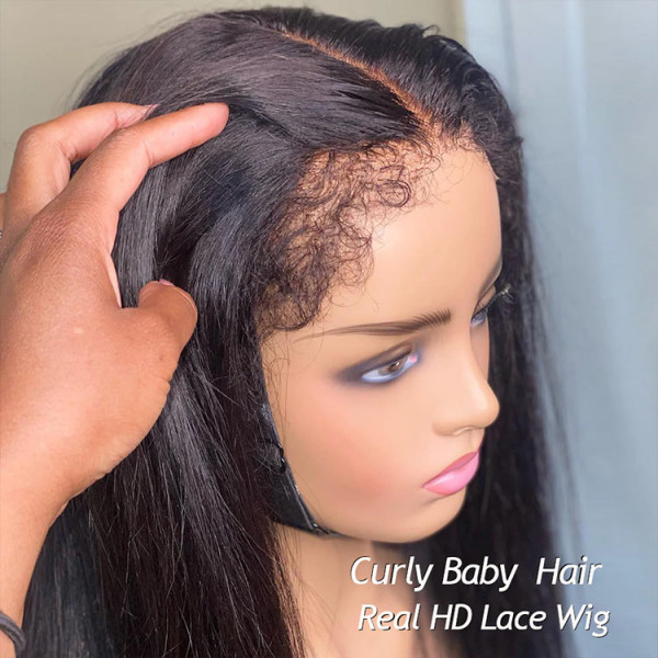 Natural 4C Edges Straight HD Lace Wig With Kinky Baby Hair Glueless Wig