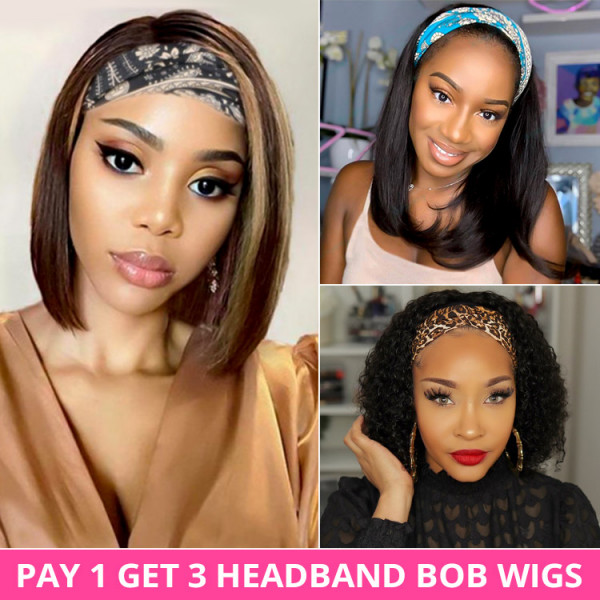 Pay 1 Get 3 Human Hair Headband Bob Wigs With Headbands Attached