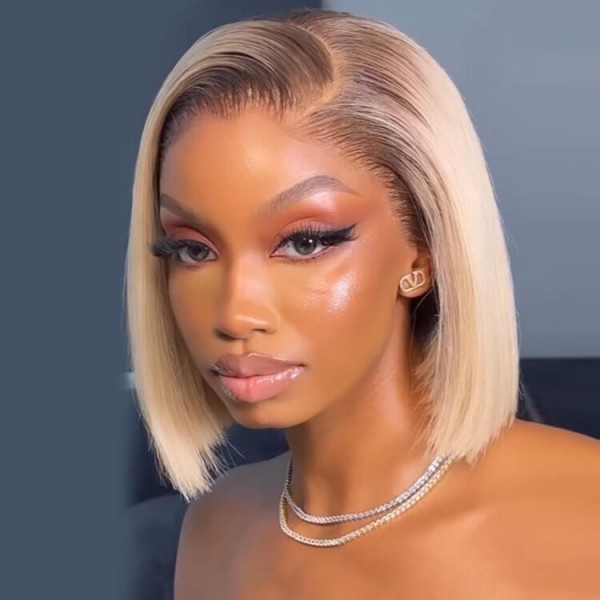 Caroline - Blonde Bob Wig With Brown Roots Blonde Ombre Bob Lace Front Wigs