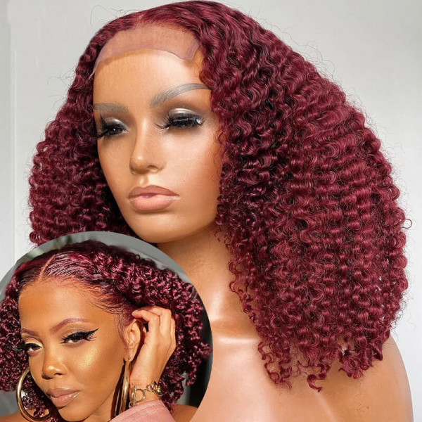 Short Curly Hair Wigs Burgundy Red Curly Wig 5X5 Lace Closure Wig