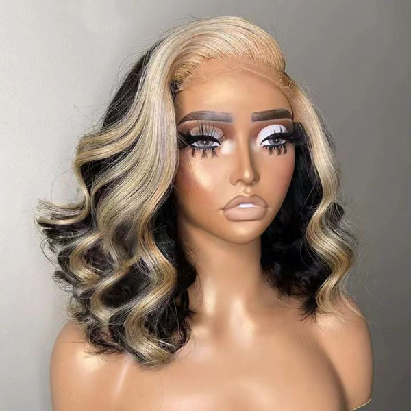 Beverly - Black Bob Cut Wig With Blonde Skunk Stripe Bob Lace Wigs