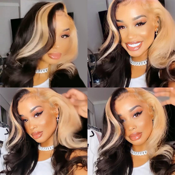 Skunk Stripe Wig with Honey Blonde Highlights Body Wave Human Hair Lace Frontal Wig