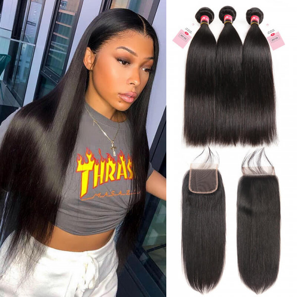 Brazilian Straight Hair 3 Bundles With Lace Closure -West Kiss Hair