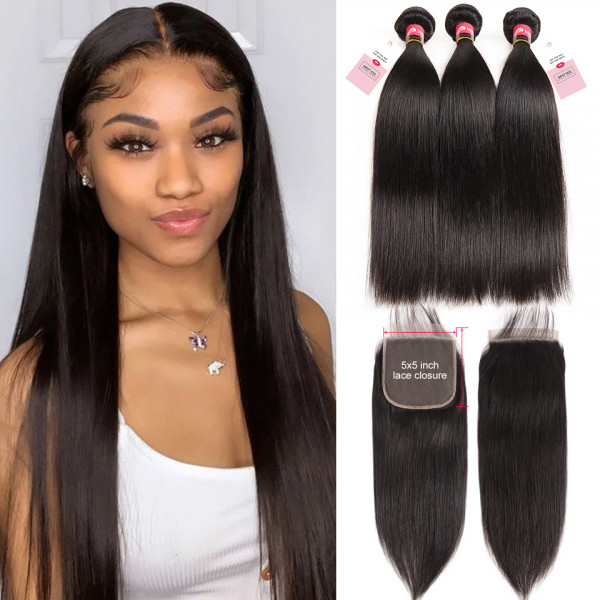 Straight Human Hair 3 Bundles And 5*5 Lace Closure Bundle Deals With Closure