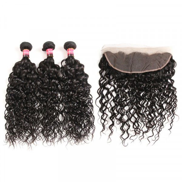 Peruvian Water Wave Human Hair 3 Bundles With 13x6 Lace Frontal Closure Natural Wave Wet Wavy Weave