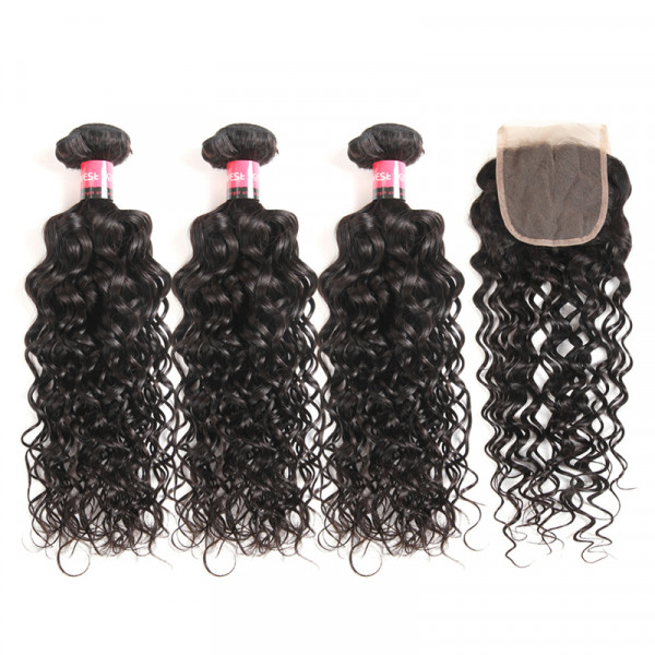 Natural Wave Peruvian Human Hair 3 Bundles With 4*4 Lace Closure 
