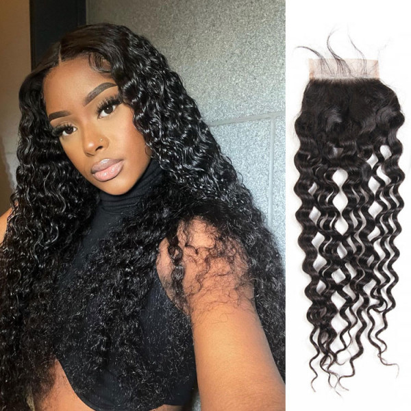 Natural Wave 4*4 Invisible Lace Closures For Weave Water Wave Virgin Hair Wet And Wavy