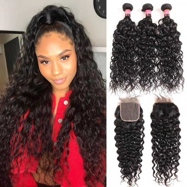 Brazilian Natural Wave 3 Bundles Hair With 4*4 Hair Closures Water Waves