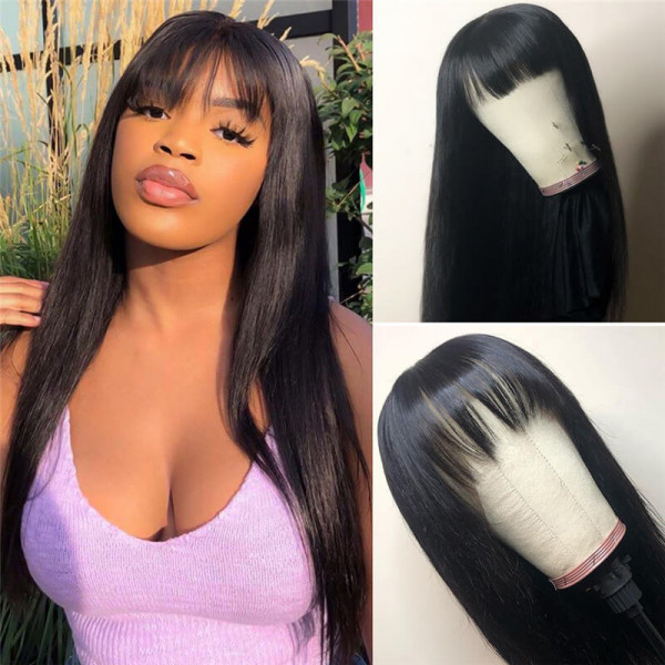 Straight Human Hair Wigs With Bangs Brazilian Body Wave Lace Front Wigs For Women