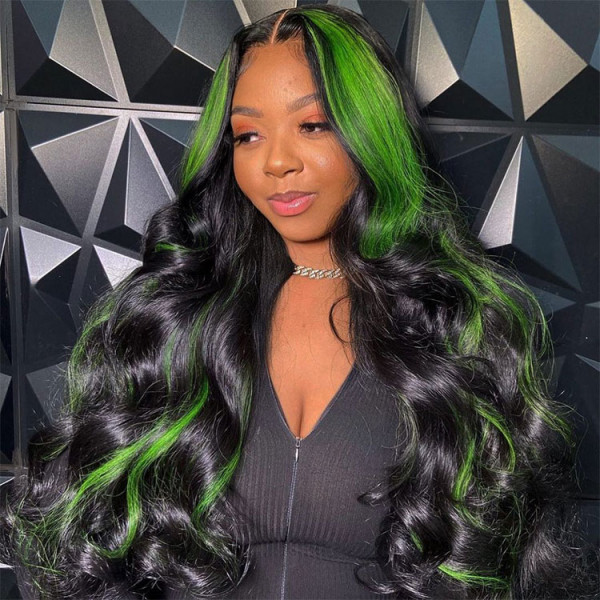 Highlight Wigs Body Wave Green Ombre Human Hair Wigs With Highlights