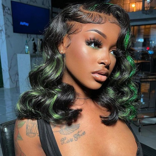 Body Wave Black Human Hair Wigs With Green Highlights Glueless Lace Wigs