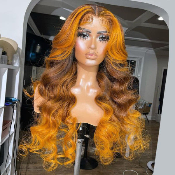 Brown Ombre Colored Wigs With Ginger Highlights Body Wave Ginger Brown Lace Wig
