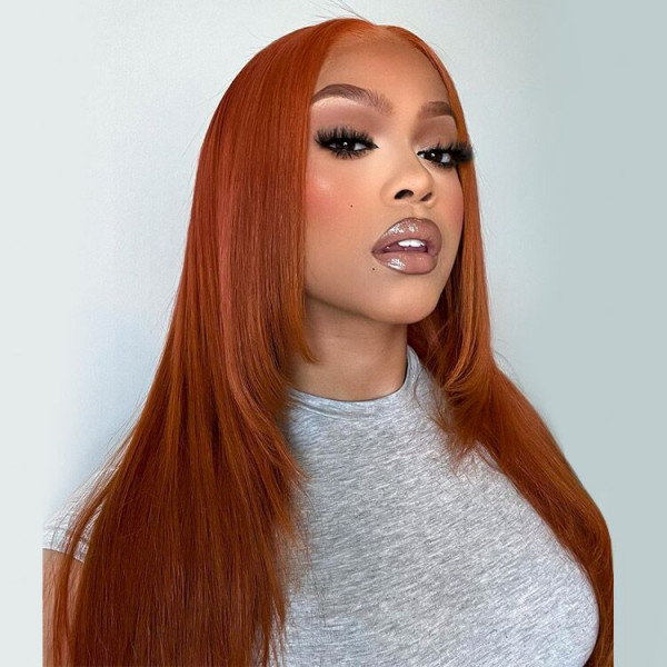 Straight Burnt Orange Wig Layered Human Hair Transparent Lace Wigs