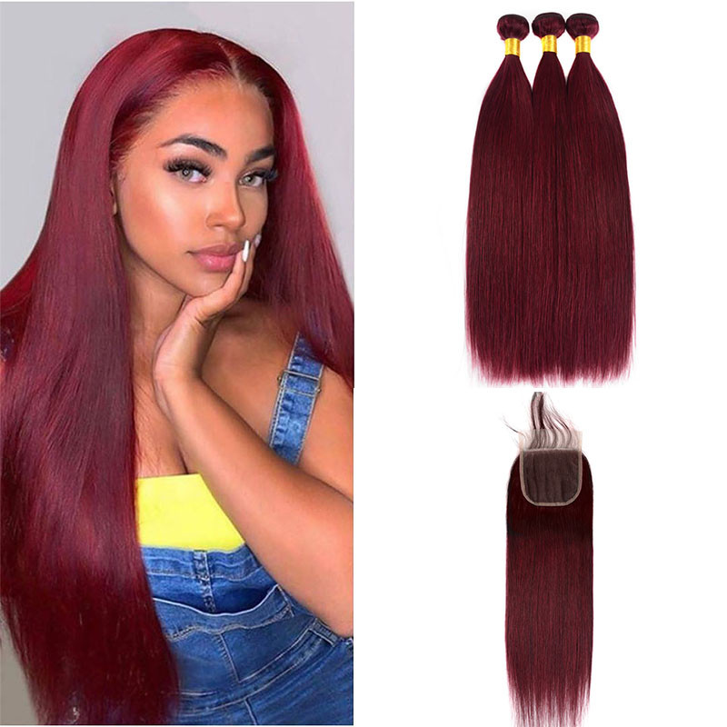 Burgundy Bundles Straight Hair 3 Bundles With 4x4 Lace Closure -West