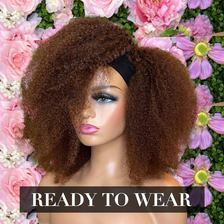 Brown Afro Kinky Curly Headband Wig Human Hair Glueless Wigs West Kiss