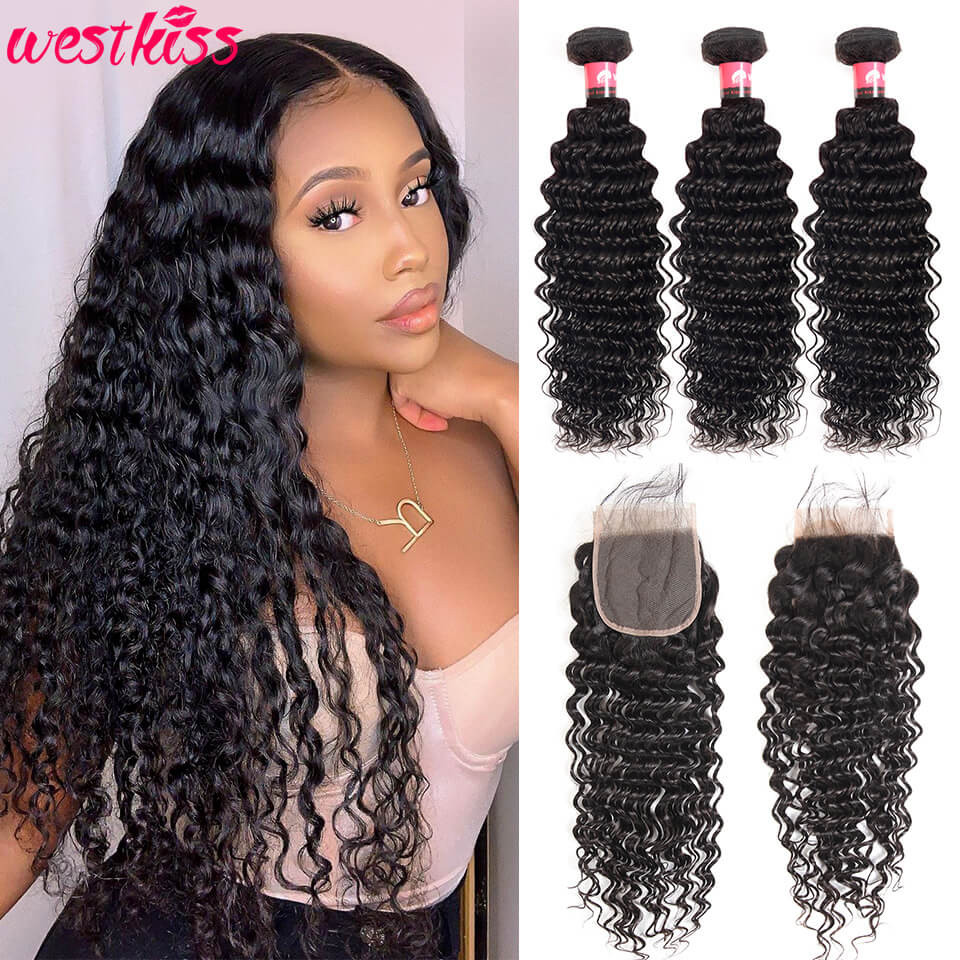 Deep Wave 4 4 Lace Closure With 3 Bundles 100 Human Hair Weaves And Closure