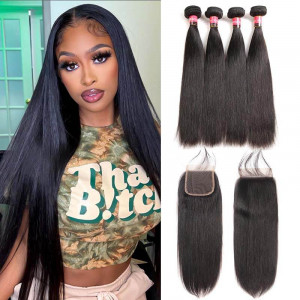 Brazilian Straight Hair 4 Bundles With 5*5 Lace Closure Bundles And Closure Deals